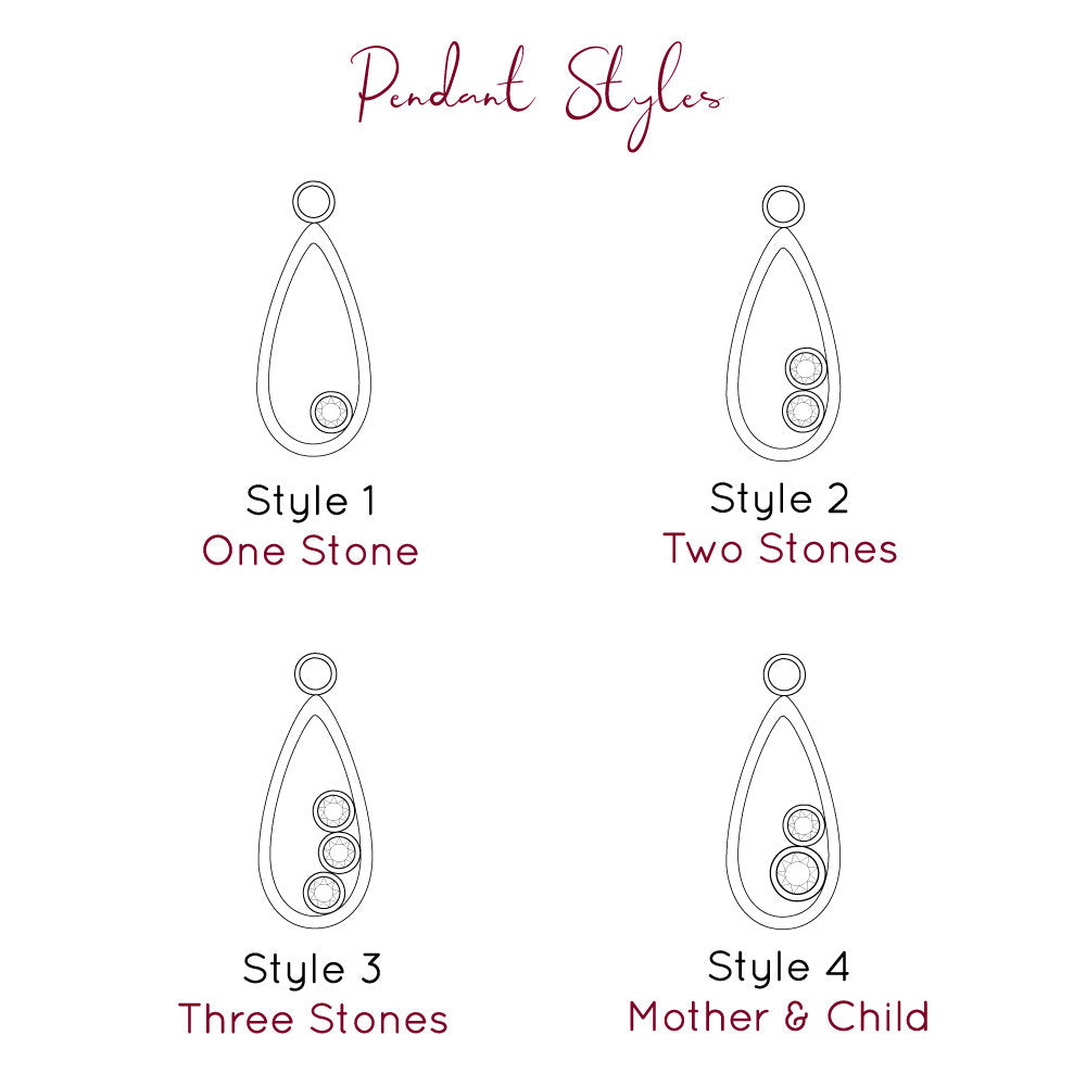 We have four teardrop frame pendant styles including one 3mm stone, two 3mm stone setting, three 3mm stone setting or a mother 5mm and single child 3mm stone