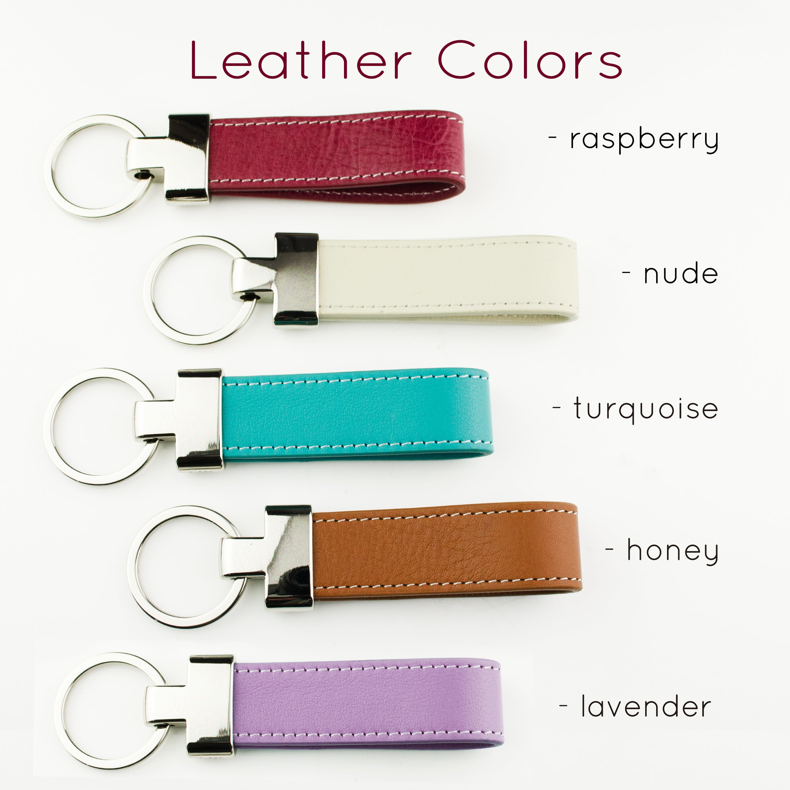 genuine leather color options raspberry nude turquoise honey and lavender keychains 