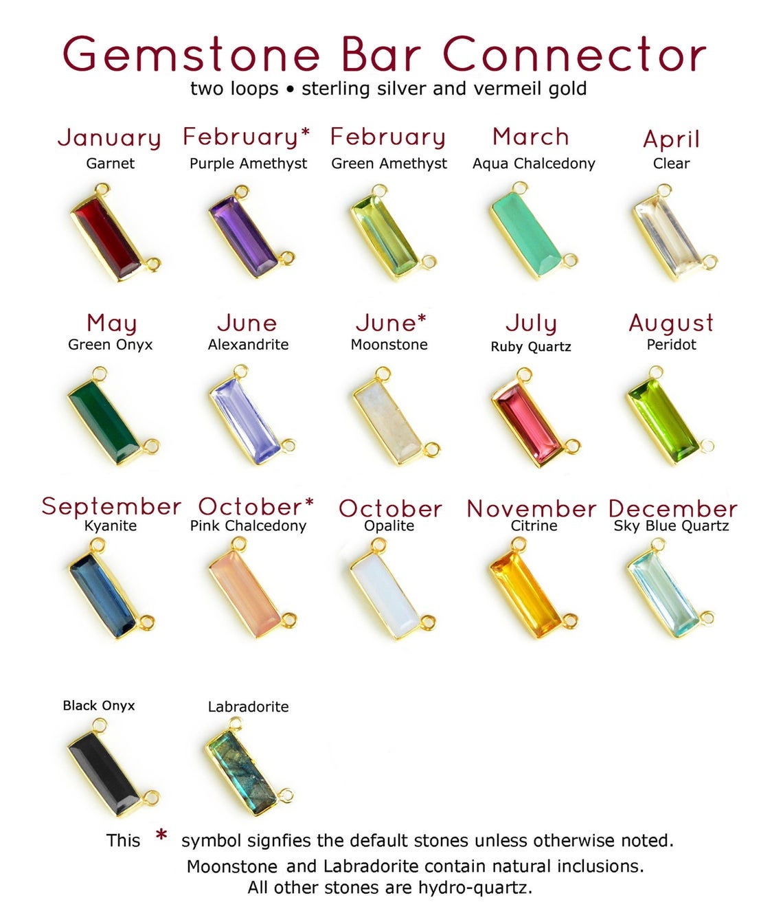 Adira gemstone bar connectors come in a variety of stone options including garnet, purple amethyst, green amethyst, aqua, clear, green onyx, alexandrite, moonstone, ruby, peridot, kyanite, pink chalcedony, opalite, citrine sky blue, copper turquoise, labradorite, green tourmaline, and black onyx. Moss agate.