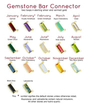 Adira gemstone bar connectors come in a variety of stone options including garnet, purple amethyst, green amethyst, aqua, clear, green onyx, alexandrite, moonstone, ruby, peridot, kyanite, pink chalcedony, opalite, citrine sky blue, copper turquoise, labradorite, green tourmaline, and black onyx. Moss agate.