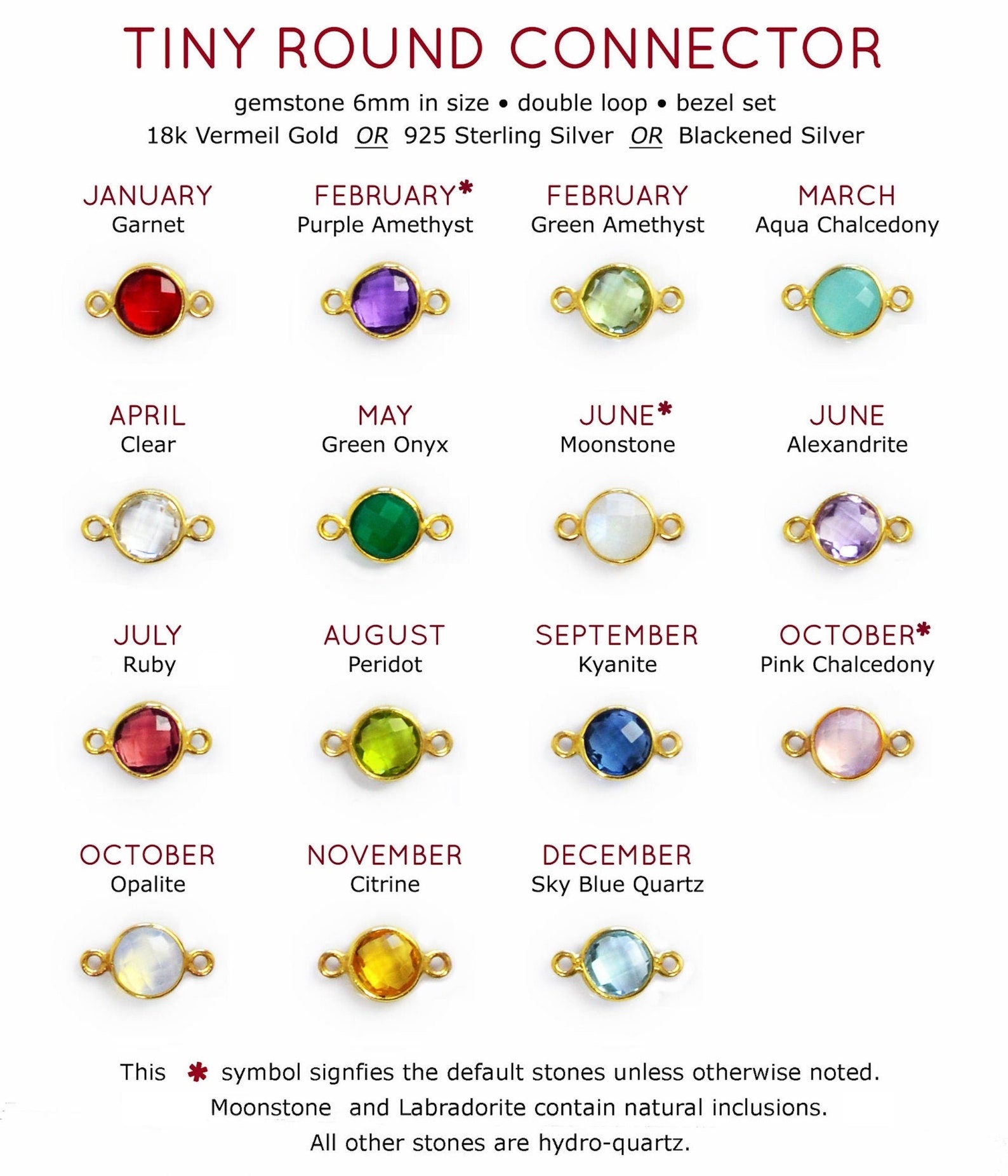 six millimeter birthstone with connector gemstones for all birth months double loop birthstone charm