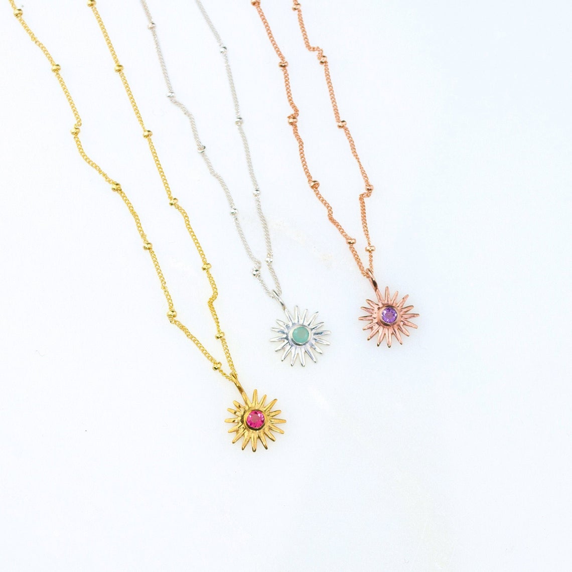 Tiny Sun Burst Necklace, Birthstone Sunshine Pendant [3mm]