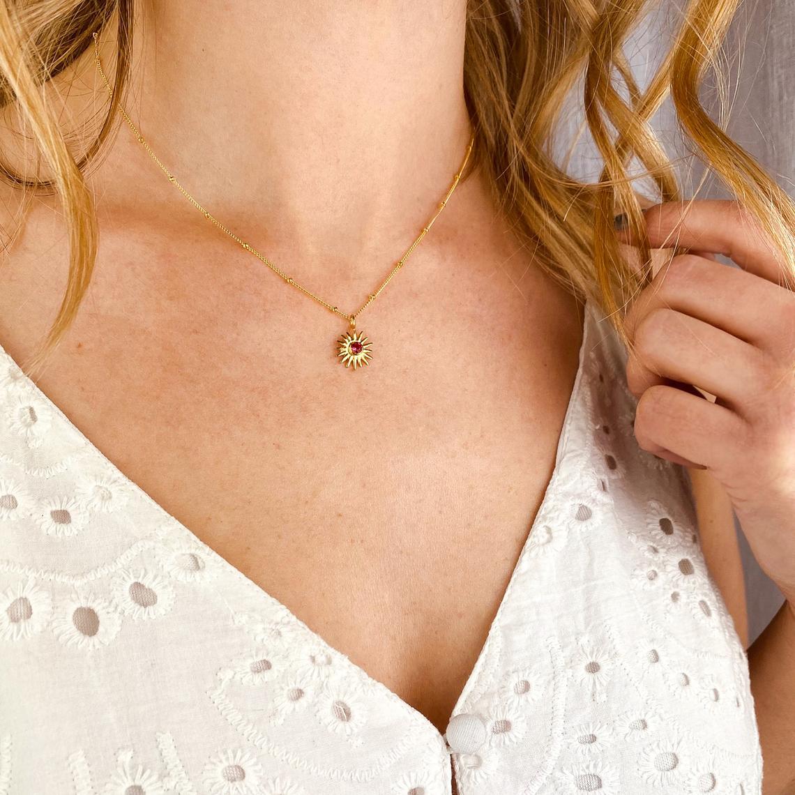 Tiny Sun Burst Necklace, Birthstone Sunshine Pendant [3mm]