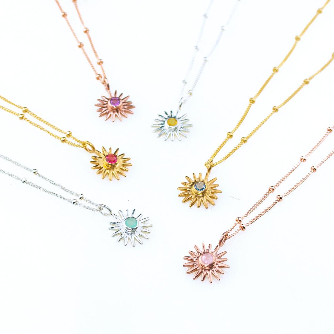 Tiny Sun Burst Necklace, Birthstone Sunshine Pendant [3mm]