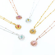 Tiny Sun Burst Necklace, Birthstone Sunshine Pendant [3mm]