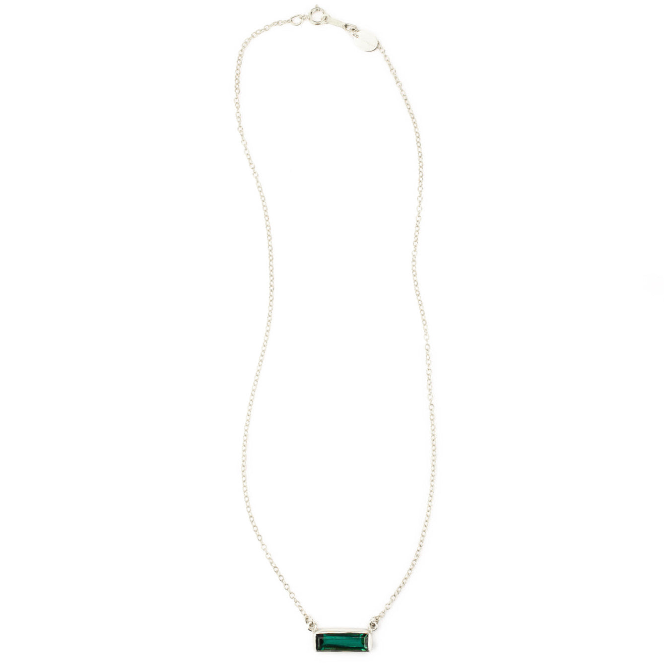 Single sterling silver cable chain horizontal Green Tourmaline adira bar necklace october birthstone on white background