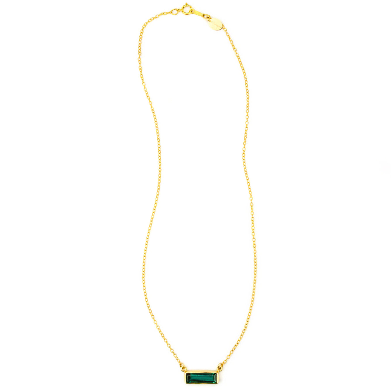 Single gold filled cable chain horizontal Green Tourmaline adira bar necklace october birthstone on white background