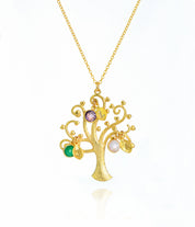 Gild filled swirly tree necklace with hand stamped leaf charms and green onyx, purple amethyst and opalite birthstones.