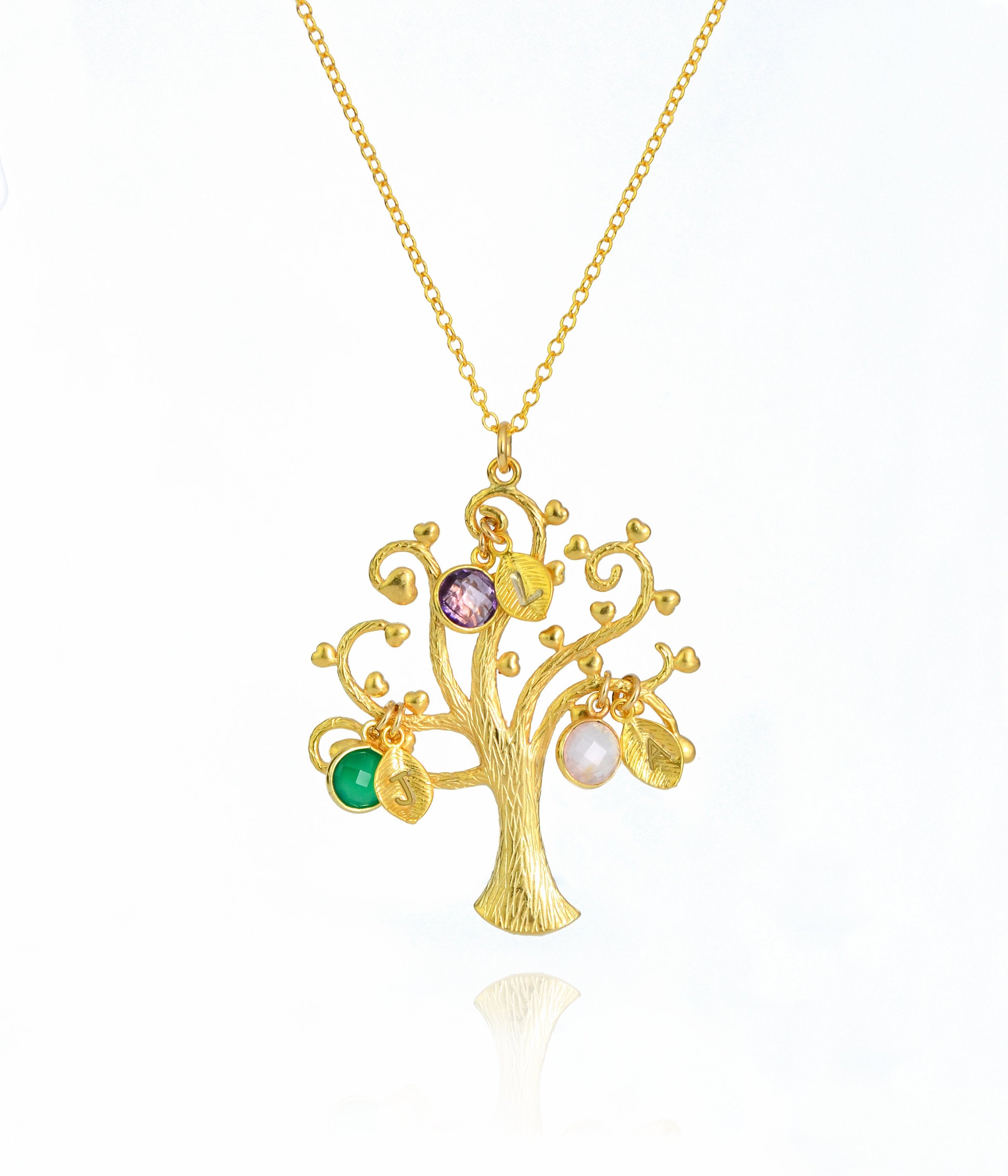 Gild filled swirly tree necklace with hand stamped leaf charms and green onyx, purple amethyst and opalite birthstones.