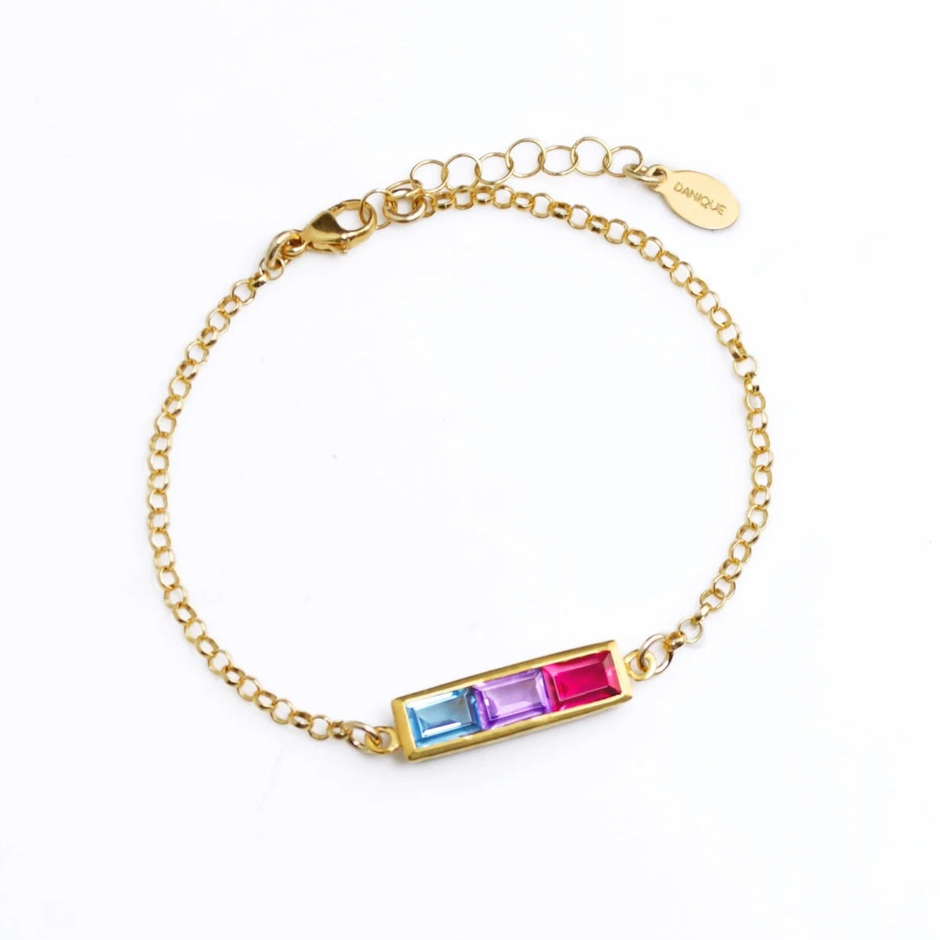 Adjustable gold multiple baguette birthstone bracelet with three gemstones, personalized jewelry for women, moms, or best friends.
