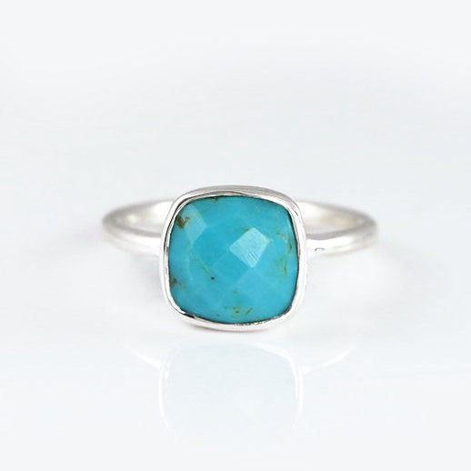 Sterling Silver Turquoise ring, december birthstone jewelry, blue gemstone ring, square cushion faceted turquoise, Bezel set ring, Sterling silver ring, turquoise gift, december birthday gift, turquoise ring for her
