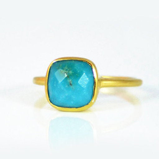 Gold Plated Turquoise ring, december birthstone jewelry, blue gemstone ring, square cushion faceted turquoise, Bezel set ring, Sterling silver ring, turquoise gift, december birthday gift, turquoise ring for her