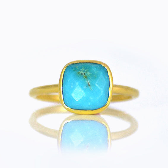 Gold plated Turquoise ring, december birthstone jewelry, blue gemstone ring, square cushion faceted turquoise, Bezel set ring, Sterling silver ring, turquoise gift, december birthday gift, turquoise ring for her