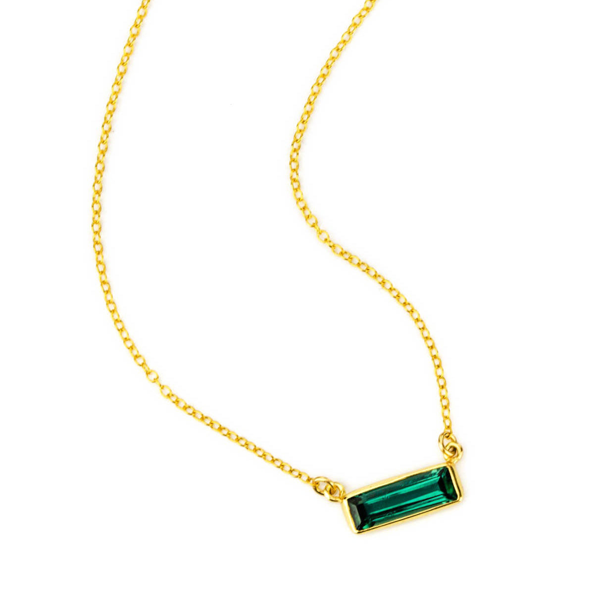 Single gold filled cable chain horizontal Green Tourmaline adira bar necklace october birthstone on white background