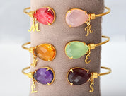 Mother's Adjustable Bangle Bracelet with Two Birthstones & Letter Charms