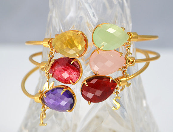Mother's Adjustable Bangle Bracelet with Two Birthstones & Letter Charms