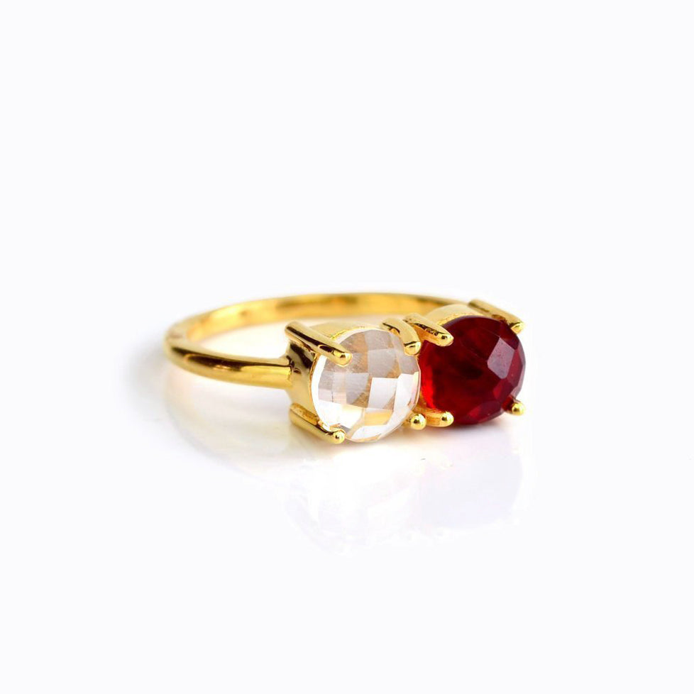 One gold plated two birthstone ring with clear quartz and garnet. Prong set birthstone rings, sterling silver, faceted gemstones, january birthstone, april birthstone