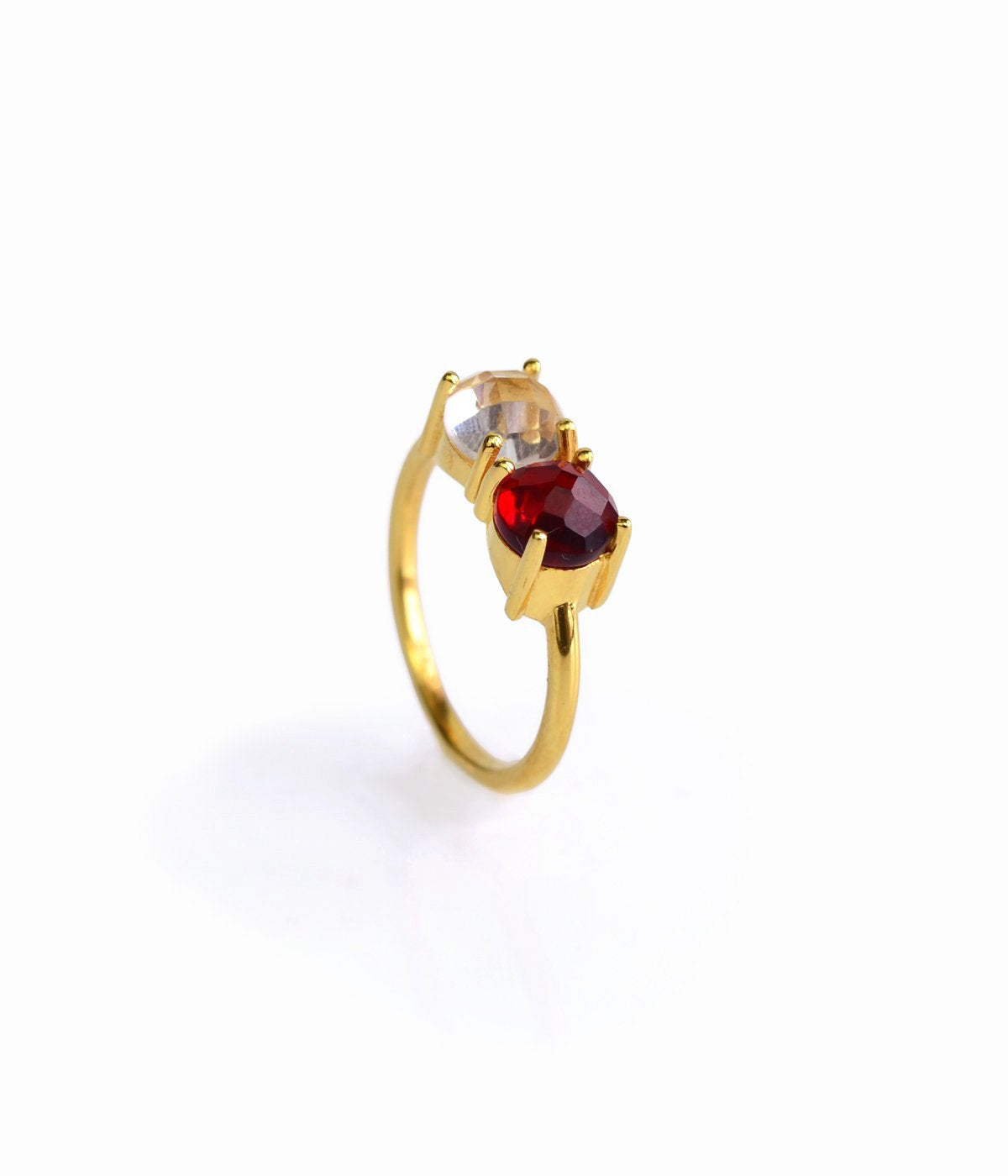 One gold plated two birthstone ring with clear quartz and garnet. Prong set birthstone rings, sterling silver, faceted gemstones, january birthstone, april birthstone