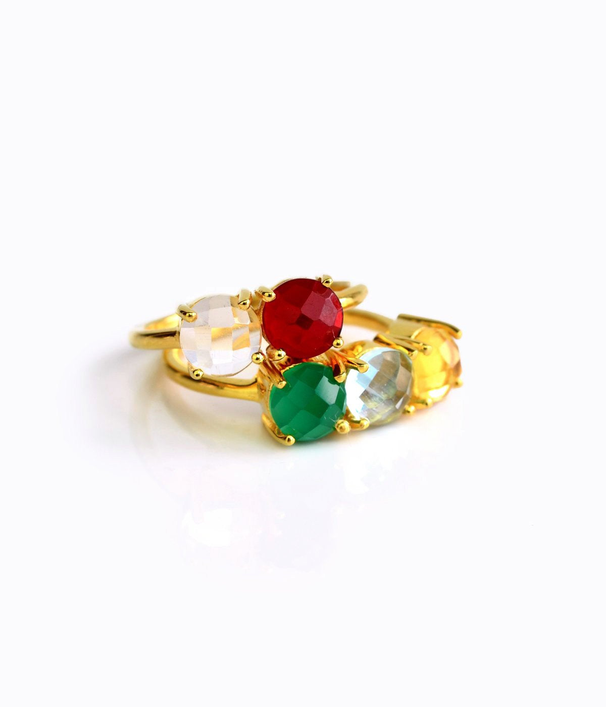 One gold plated two birthstone ring with clear quartz and garnet, three birthstone gold plated ring with green onyx, blue topaz and citrine. Prong set birthstone rings, sterling silve