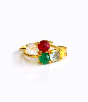 One gold plated two birthstone ring with clear quartz and garnet, three birthstone gold plated ring with green onyx, blue topaz and citrine. Prong set birthstone rings, sterling silve