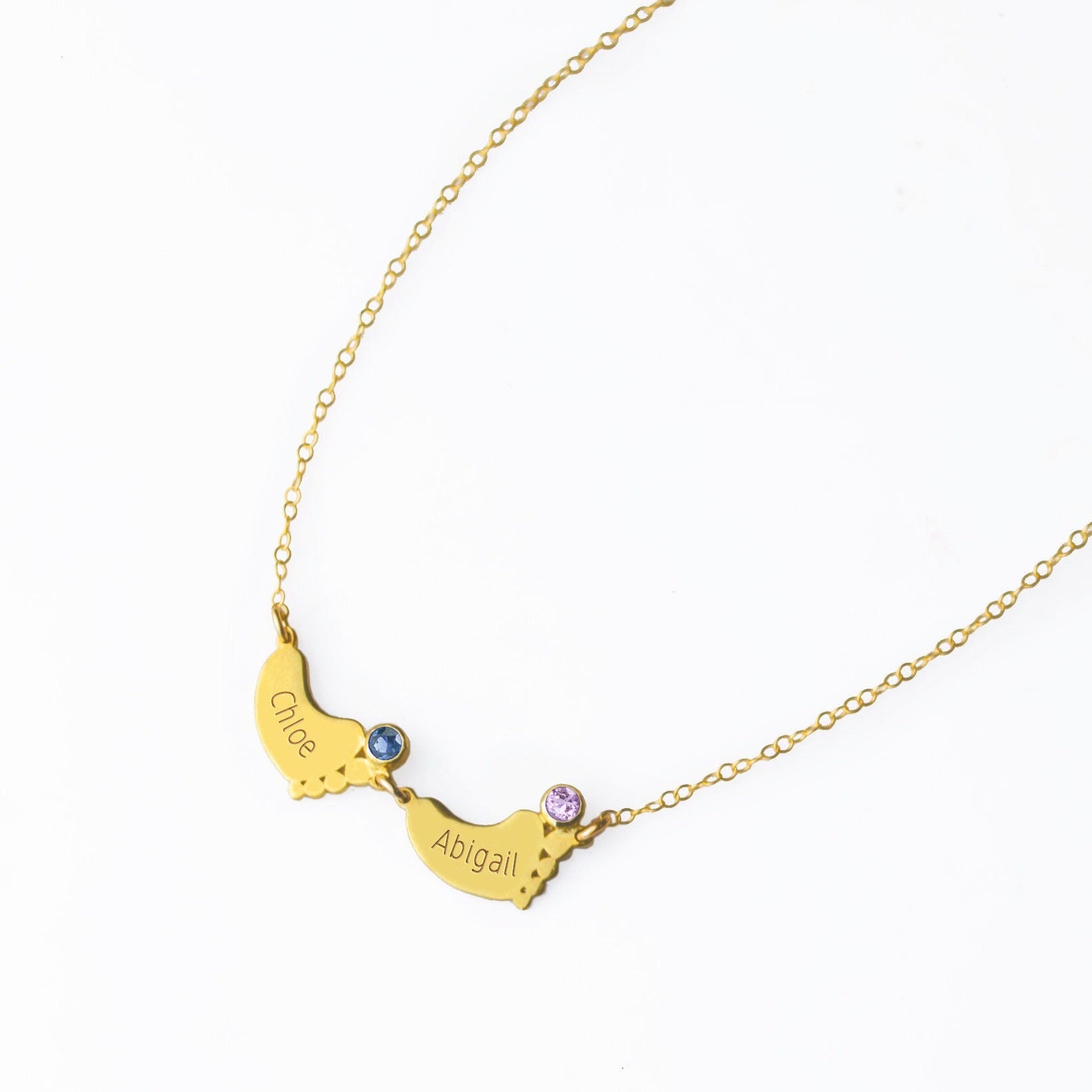 Footprint Charm Horizontal Connector Necklace with Engraved Kid's Names and Birthstones