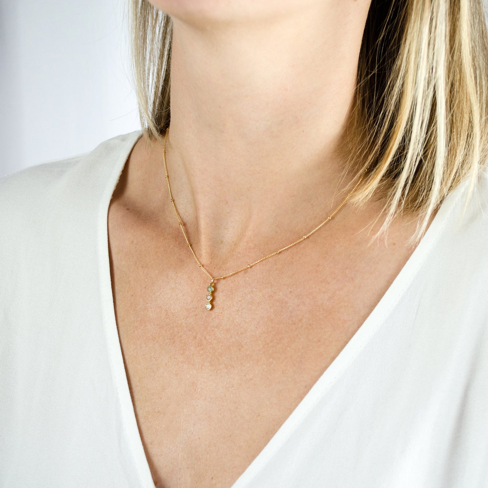 Tiny Birthstone Cabochon Vertical Bar Necklace : Available in All Birthstones