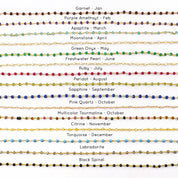 Collection of gemstone bead options for personalized initial and birthstone bracelets including garnet, amethyst, aquamarine, emerald, pearl, ruby, peridot, sapphire, opal, citrine, and topaz, handmade bridesmaid jewelry.