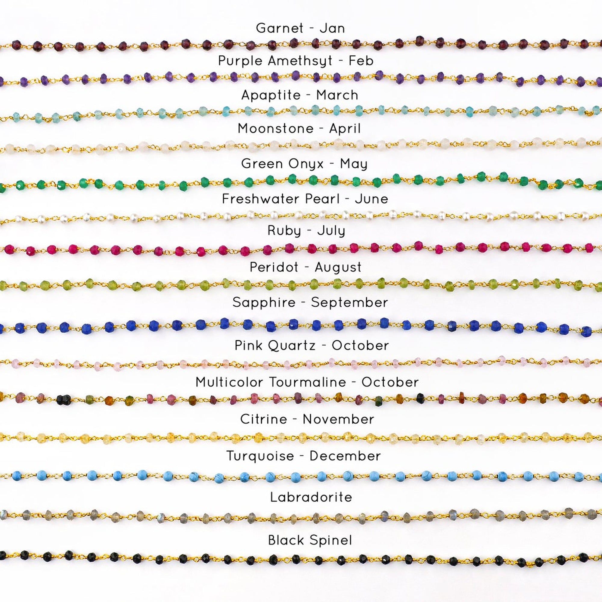 Collection of gemstone bead options for personalized initial and birthstone bracelets including garnet, amethyst, aquamarine, emerald, pearl, ruby, peridot, sapphire, opal, citrine, and topaz, handmade bridesmaid jewelry.