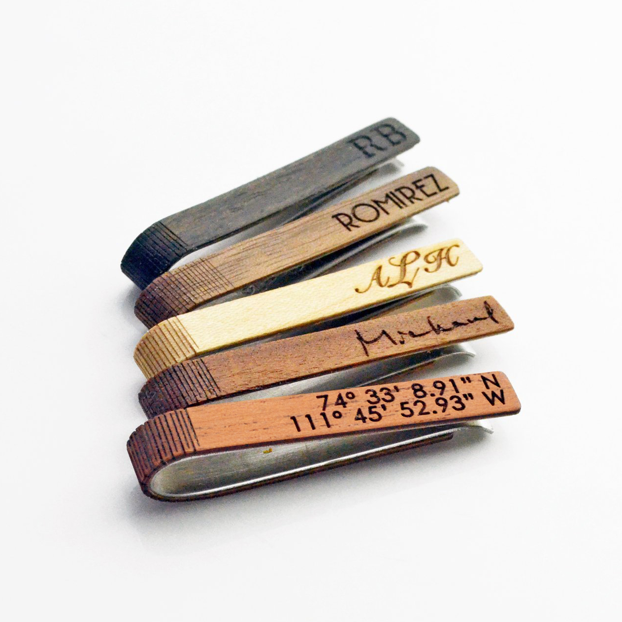 Wood tie clips with custom engraving laser engraving text engraving or actual handwriting. Engrave a name, initials, coordinates or handwriting from a photo. Customize cufflinks for a graduate, new promotion, prom, formal events, groomsman or wedding party gifts. gift ready. mens anniversary gifts, gifts for men, christmas gifts for him, valentine's day gifts for men, gift for husband, gift for fiance, father's day gift, birthday gift, wedding anniversary gift, wedding party gift, father of the groom gift 