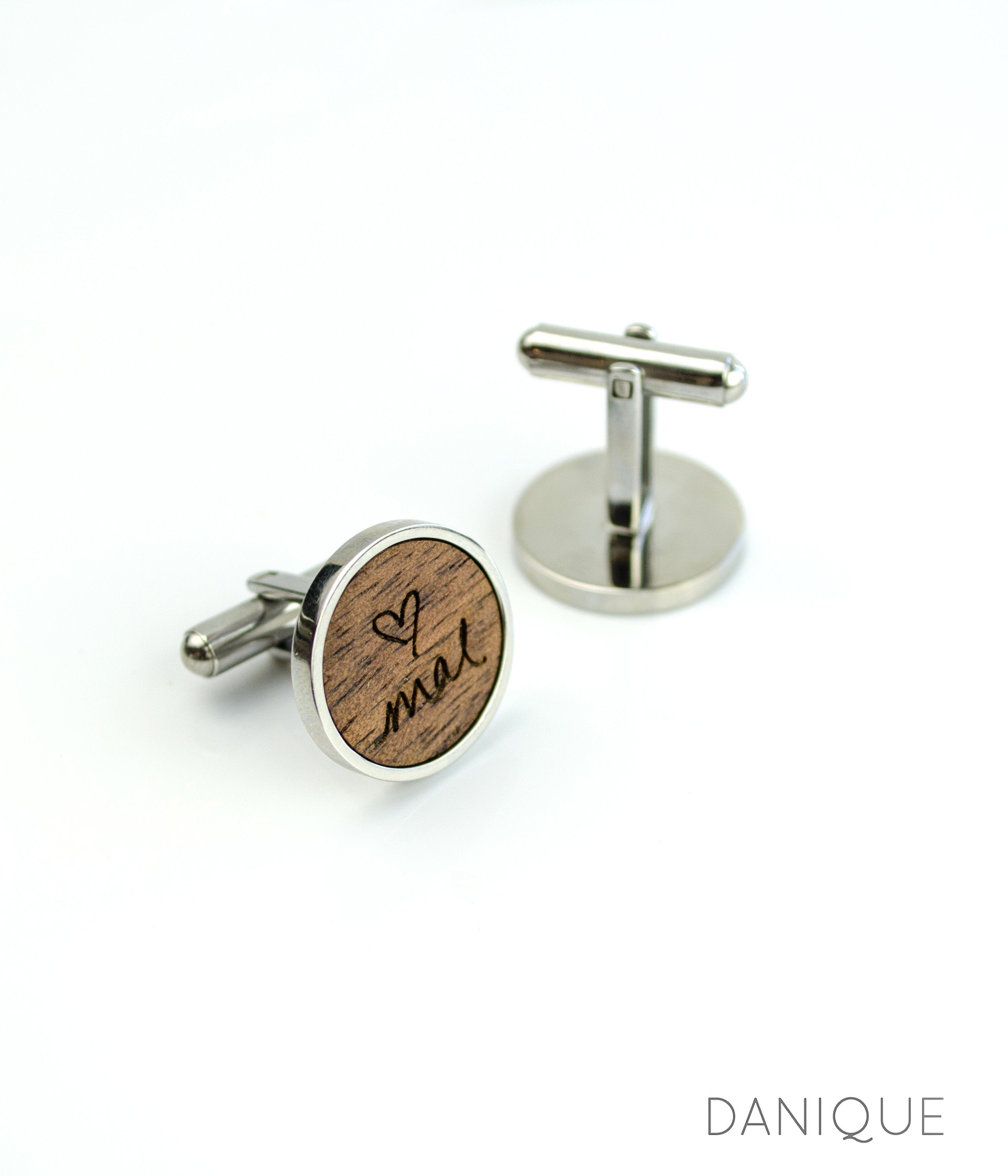 Beautiful walnut tie clips with a silver base engraved with custom handwriting from a photo