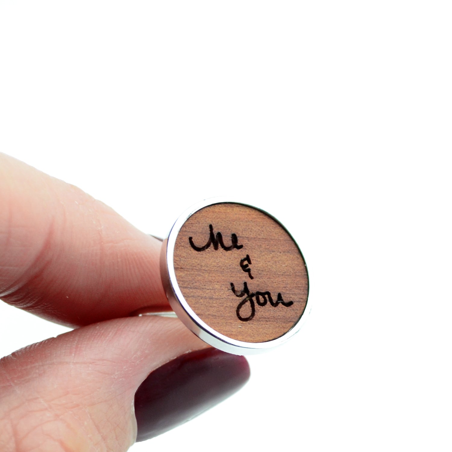 Model holding wood cufflinks engraved with her handwriting. Customize cufflinks for a graduate, new promotion, prom, formal events, groomsman or wedding party gifts. gift ready. mens anniversary gifts, gifts for men, christmas gifts for him, valentine's day gifts for men, gift for husband, gift for fiance, father's day gift, birthday gift, wedding anniversary gift, wedding party gift, father of the groom gift, father of the bride gift, wood anniversary