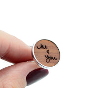 Model holding wood cufflinks engraved with her handwriting. Customize cufflinks for a graduate, new promotion, prom, formal events, groomsman or wedding party gifts. gift ready. mens anniversary gifts, gifts for men, christmas gifts for him, valentine's day gifts for men, gift for husband, gift for fiance, father's day gift, birthday gift, wedding anniversary gift, wedding party gift, father of the groom gift, father of the bride gift, wood anniversary