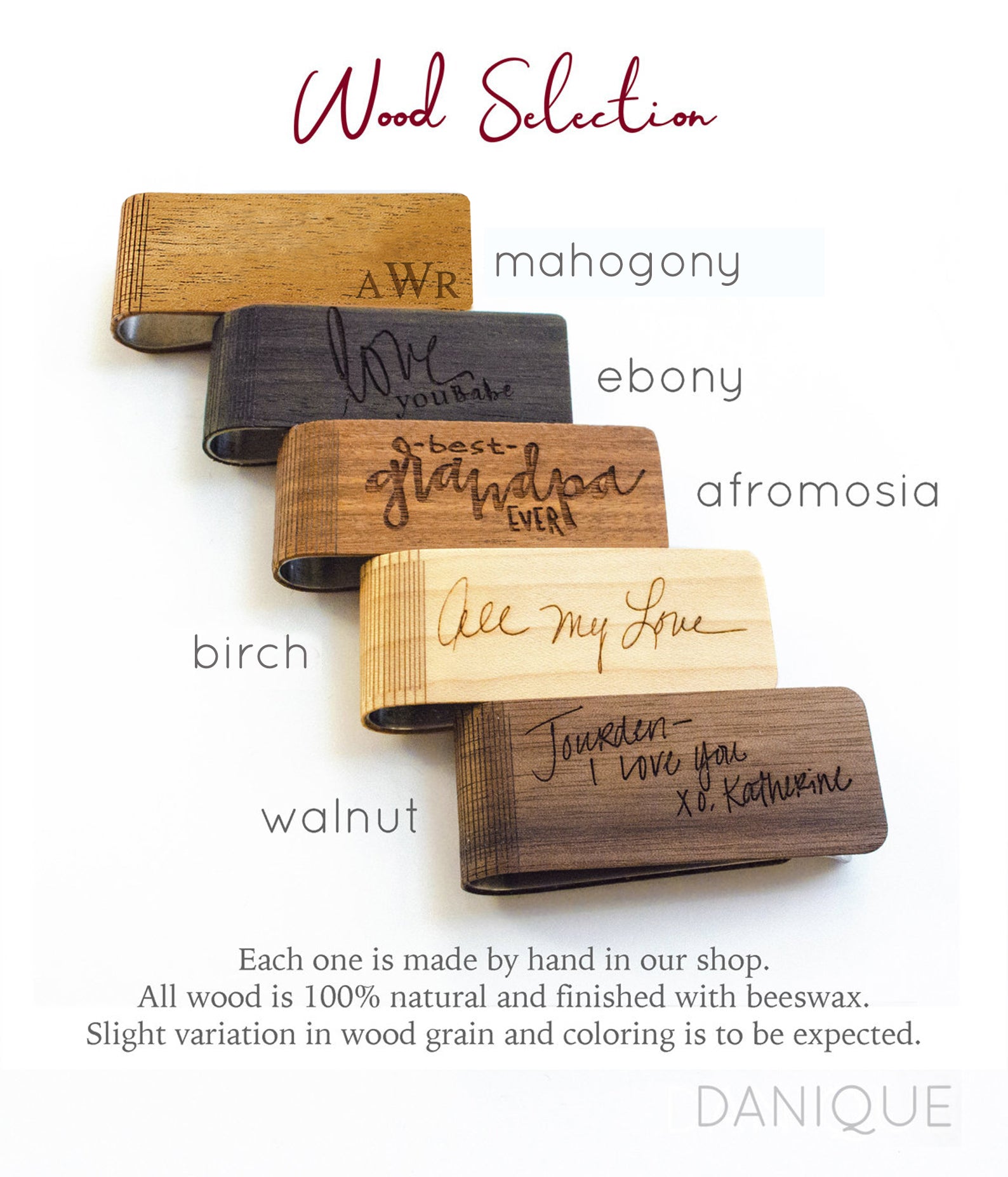 Real Wood Money Clip with Custom Engraving or Handwriting Danique Jewelry