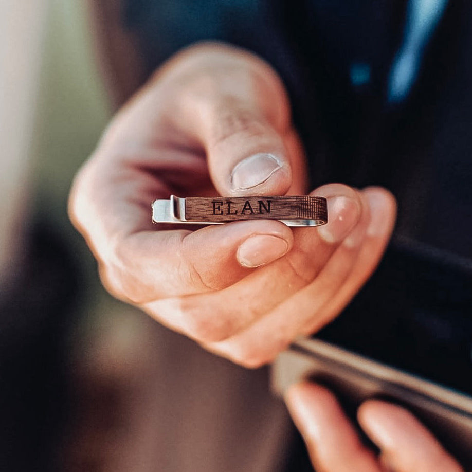 Custom Tie Clip Wood Veneer Personalized Engraving in classic font engraved on the back. Great gift for dads, Father's Day, Retirement, new job or promotion or for your wedding party, dad gift, fathers day gift, gift for dad, gift for him, christmas, groomsman gift, promotion gift, grad gift, graduation gift. anniversary gift
