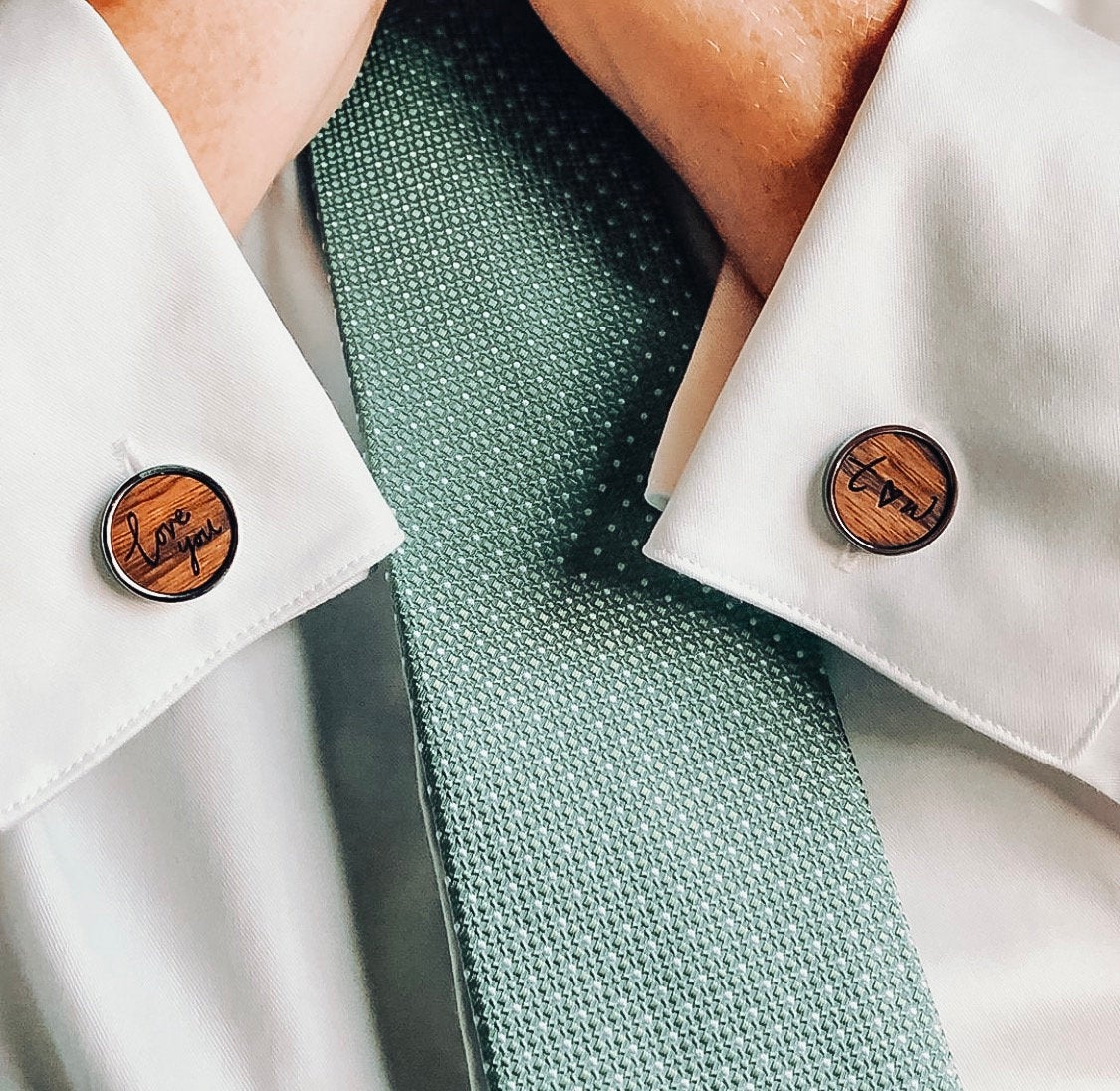 Model is wearing stylish custom wood cufflinks with silver base are engraved from handwriting from a photo. Customize cufflinks for a graduate, new promotion, prom, formal events, groomsman or wedding party gifts. gift ready. mens anniversary gifts, gifts for men, christmas gifts for him, valentine's day gifts for men, gift for husband, gift for fiance, father's day gift, birthday gift, wedding anniversary gift, wedding party gift, father of the groom gift, father of the bride gift, wood anniversary