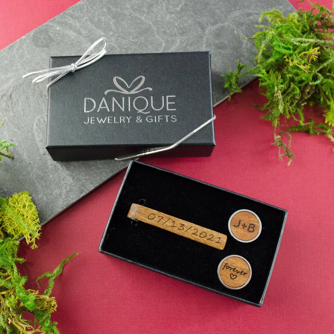 Wood tie clip and cufflink set displayed in our signature danique  jewelry gift box. These are mahogany with custom engraved handwriting from a photo and script font on the tie clip. Customize cufflinks for a graduate, new promotion, prom, formal events, groomsman or wedding party gifts. gift ready. mens anniversary gifts, gifts for men, christmas gifts for him, valentine's day gifts for men, gift for husband, gift for fiance, father's day gift, birthday gift, wedding anniversary gift, wedding party gift