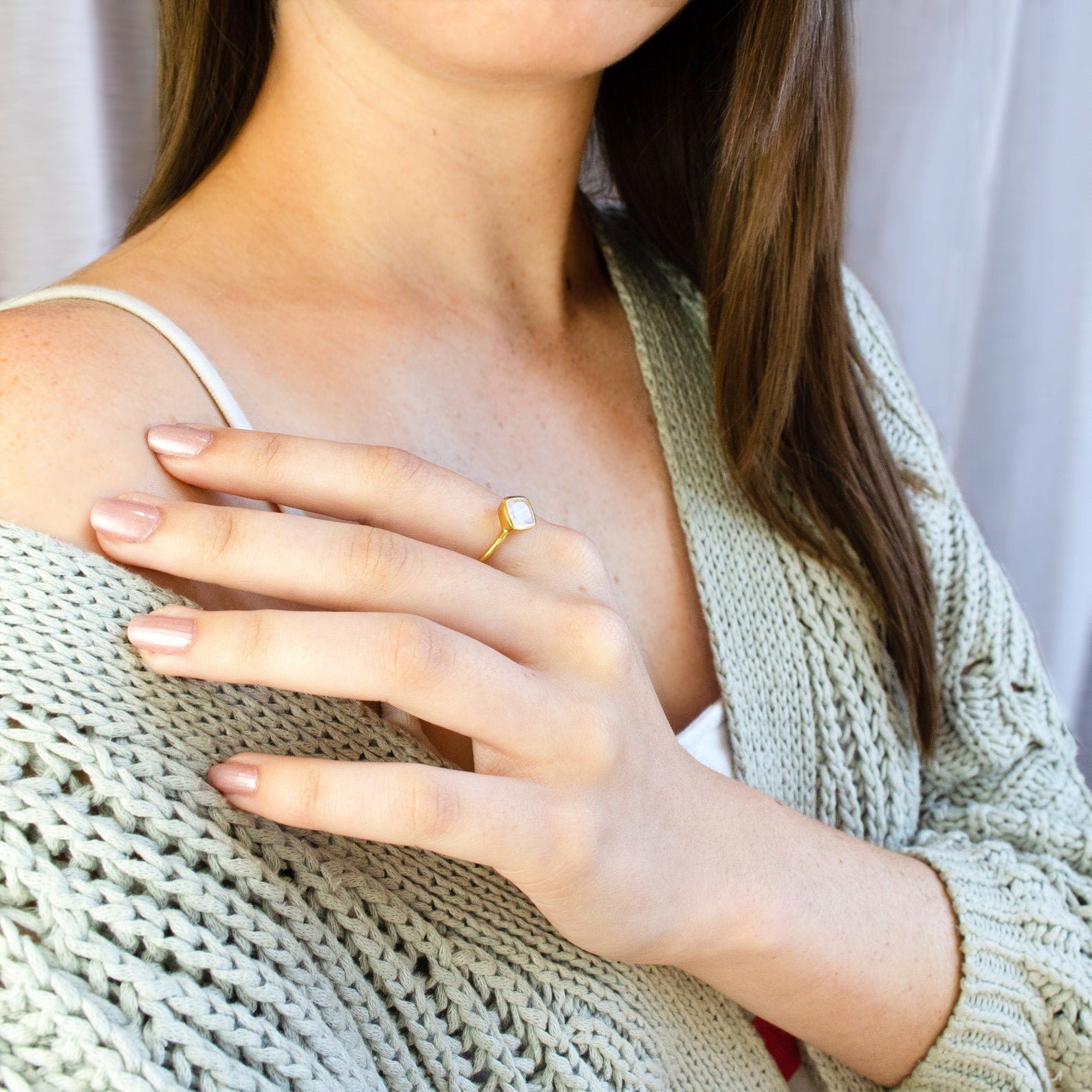 Diamond Shape Rainbow Moonstone Stacking Ring | June Birthstone, Custom diamond birthstone ring mom, Sterling Silver, 18k Gold Vermeil Gemstone Ring